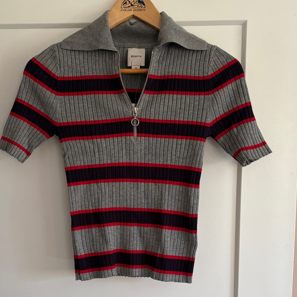Maeve Gray Ribbed Knit Top With Collar and Half Zip